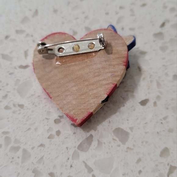 Patriotic Wooden Heart Brooch with Star – Red, White & Blue Americana Flair - Picture 2 of 2